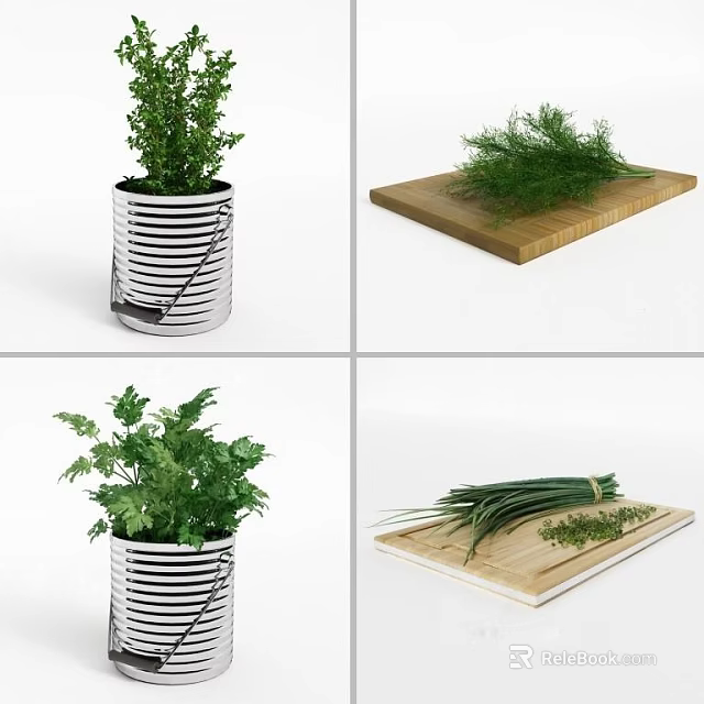 Fresh Vegetables and Herbs in Metal Pots and on Wooden Cutting Boards 3d model 