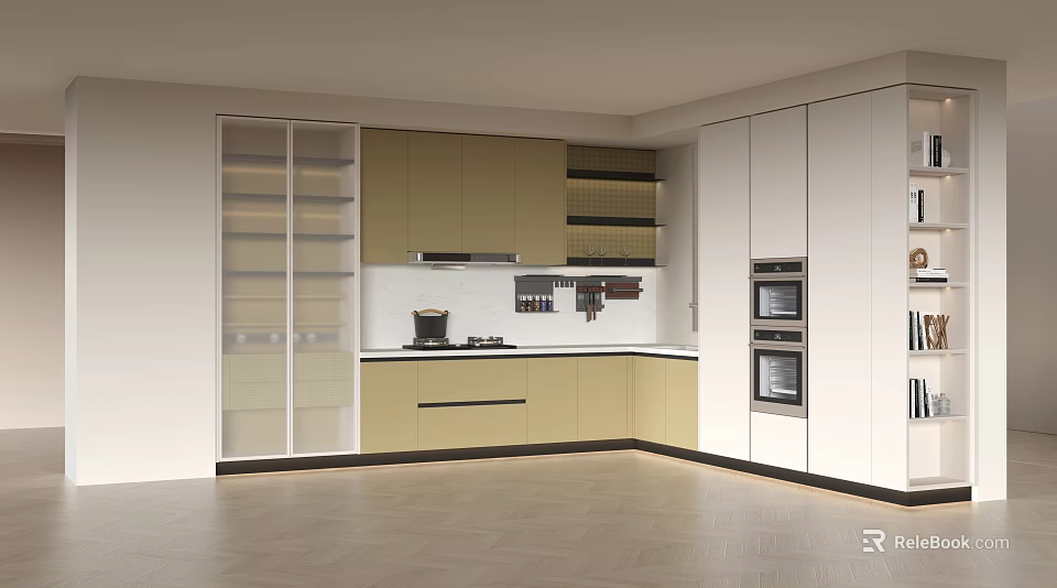 Modern Kitchen Interior With Light Green Cabinets White Upper Cabinets And Built In Ovens 3d model 