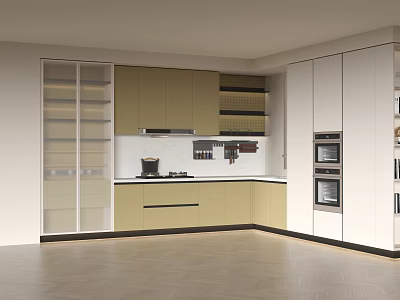 Modern Kitchen Interior With Light Green Cabinets White Upper Cabinets And Built In Ovens 3d model