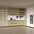 Modern Kitchen Interior With Light Green Cabinets White Upper Cabinets And Built In Ovens