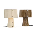 Two Wooden Table Lamps In Different Colors With Natural Wood Grain And Metal Screws