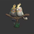 Two Colorful Parrot Models Perched On Branch With Green Base And Dark Background