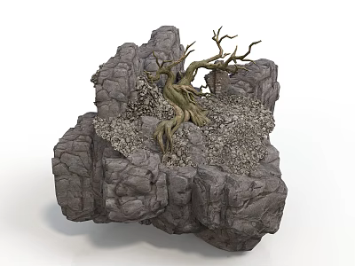 Scenic Landscape Featuring Irregular Gray Rocks Withered Tree With Exposed Roots And Gravel 3d model