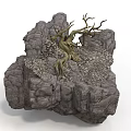 Scenic Landscape Featuring Irregular Gray Rocks Withered Tree With Exposed Roots And Gravel
