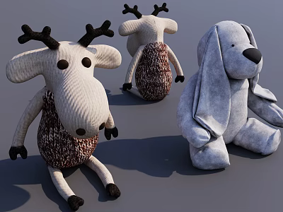 Cute Knitted Plush Decorative Figurine Set With White Brown Reindeer And Dog Shapes 3d model