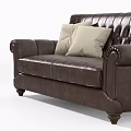 Classic Brown Leather Two-Seater Sofa With Tufted Backrest Rolled Arms And Beige Cushions