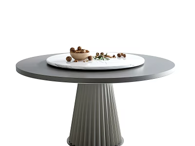 Round Dining Table With White Tabletop Gray Fluted Base Wooden Bowl Nuts And Green Decor 3d model