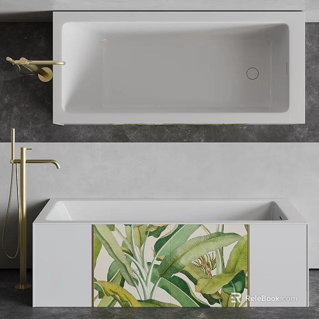 Modern White Bathtub With Gold Faucet And Green Leaf Decorative Design 3d model 