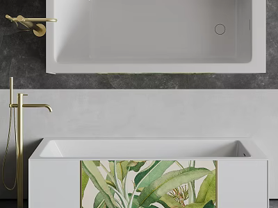 Modern White Bathtub With Gold Faucet And Green Leaf Decorative Design 3d model