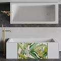 Modern White Bathtub With Gold Faucet And Green Leaf Decorative Design