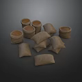 Burlap Sacks And Clay Pots Filled With Grain On Dark Background