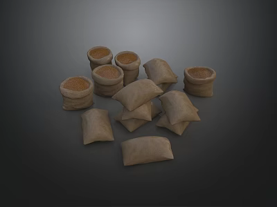 Burlap Sacks And Clay Pots Filled With Grain On Dark Background 3d model