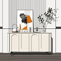 Modern Entryway Console Cabinet With White Curved Design Gold Legs Green Plant And Artwork