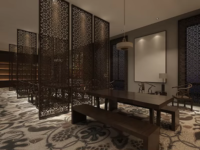 Elegant New Chinese Style Sales Office With Carved Hollow Wooden Screens And Cozy Negotiation Area 3d model