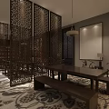 Elegant New Chinese Style Sales Office With Carved Hollow Wooden Screens And Cozy Negotiation Area