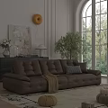 Brown Leather Sofa Coffee Table Set with Checkered Cushion Blanket Green Plant and Artwork