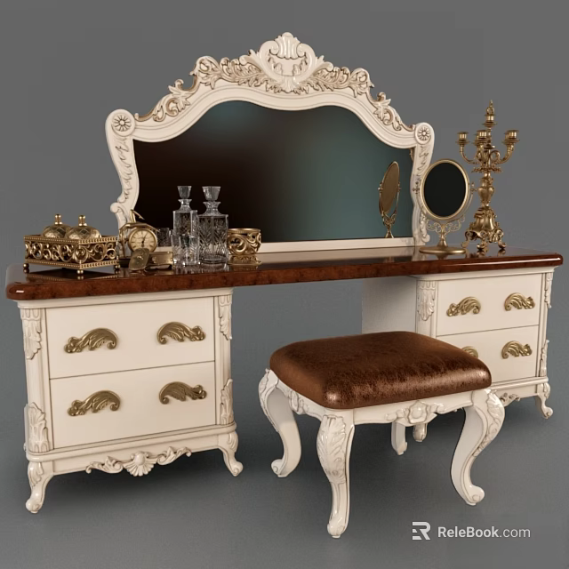 Elegant White Carved Dressing Table With Dark Wood Top Mirror And Decorative Stool 3d model 