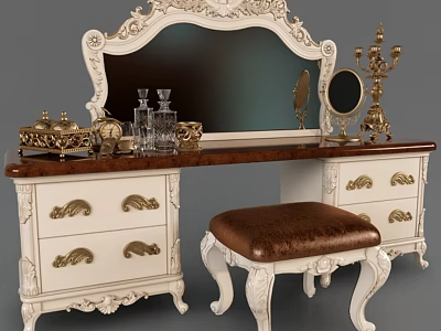 Elegant White Carved Dressing Table With Dark Wood Top Mirror And Decorative Stool 3d model