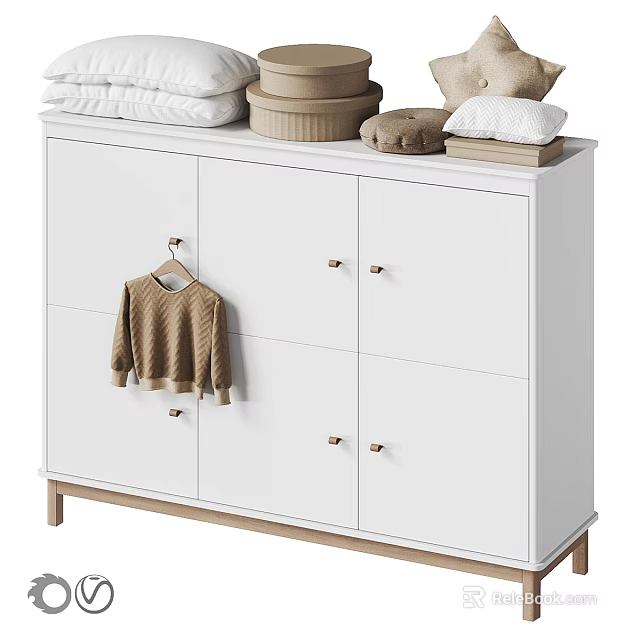 White Entryway Side Cabinet With Wooden Legs Drawers Doors Metal Handles And Storage Items 3d model 