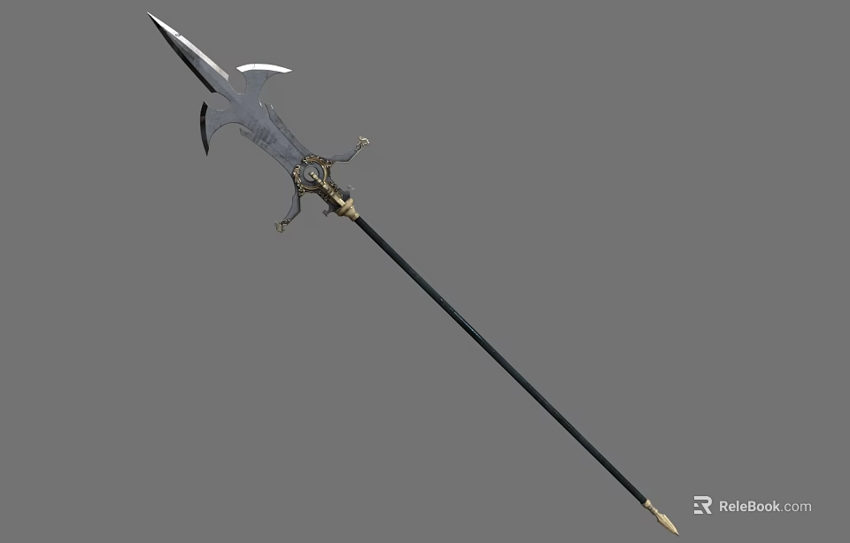 Intricately Designed Long Spear Featuring Metal Blade and Black Shaft with Gold Accents 3d model 
