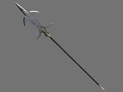 Intricately Designed Long Spear Featuring Metal Blade and Black Shaft with Gold Accents 3d model