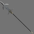 Intricately Designed Long Spear Featuring Metal Blade and Black Shaft with Gold Accents