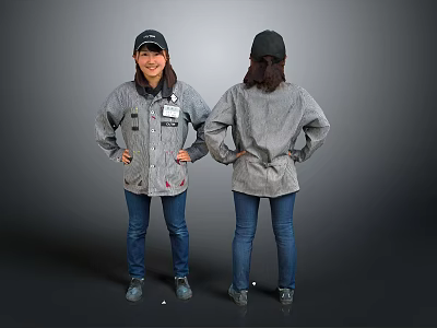 Woman Posing in Grey Striped Jacket Black Cap and Blue Jeans Front Back View 3d model
