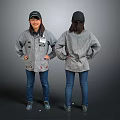Woman Posing in Grey Striped Jacket Black Cap and Blue Jeans Front Back View
