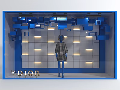 DTOR Store Window Display With Blue Cubes Mannequin Plaid Coat And Lit Wall 3d model