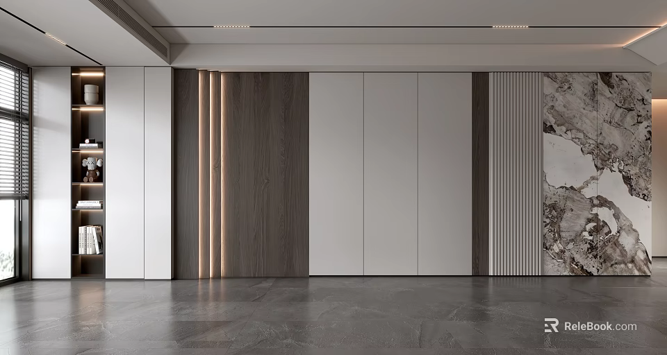 Modern Sofa Background Wall With Wooden Panels White Striped Textured Surface And Ceiling Light Strips 3d model 