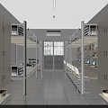 Modern Bright Dormitory Interior With Bunk Beds Desks Cabinets Chairs And Laptops