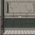 Green Bathroom Vanity With Double Sinks Gold Faucets Floral Mirror And Tiled Floor