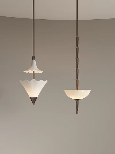 Stylish Pendant Lights With White Conical And Bowl Shaped Shades And Metal Frames 3d model