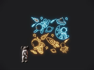 Neon Decorative Lights Blue And Yellow Space Themed With Astronaut Rocket Stars Moon Planet Elements 3d model