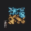 Neon Decorative Lights Blue And Yellow Space Themed With Astronaut Rocket Stars Moon Planet Elements