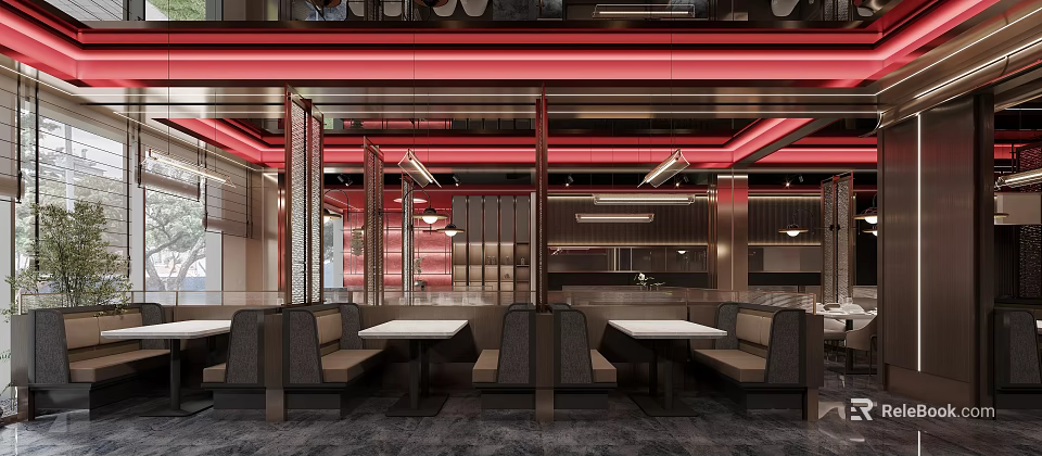 Modern Restaurant Interior Design With Red Lighting Dining Tables And Comfortable Seats 3d model 