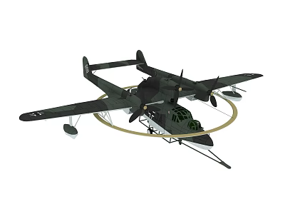 Dark Green Military Twin Engine Fighter Aircraft With Floating Pontoons Circular Structure And Propellers 3d model