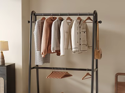 Black Metal Clothes Rack With Hanging Neutral Colored Clothes Leather Bag And Wooden Hangers 3d model