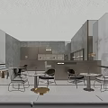 Modern Office Interior With Green Accent Chair Brown Armchairs And Wall Paintings