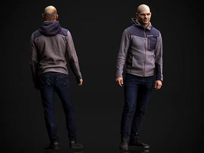 Woman In Gray Blue Hoodie And Jeans Posing On Black Background Two Angles 3d model