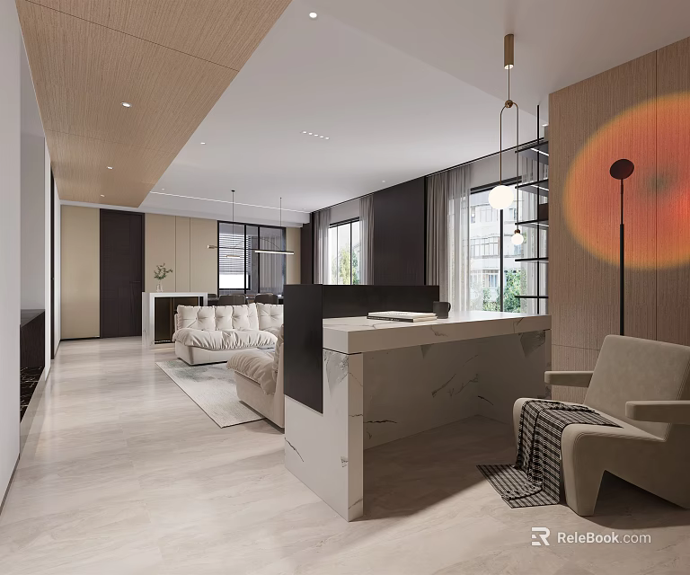 Modern Living And Dining Room Interior With Open Marble Countertop Wooden Ceiling Large Windows Sofa 3d model 