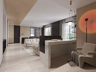 Modern Living And Dining Room Interior With Open Marble Countertop Wooden Ceiling Large Windows Sofa 3d model