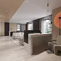 Modern Living And Dining Room Interior With Open Marble Countertop Wooden Ceiling Large Windows Sofa