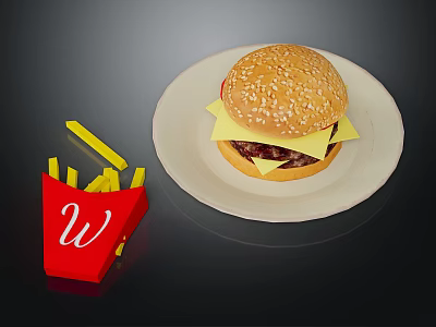 Delicious Cheeseburger With Sesame Bun On White Plate And Red Box Of Fries 3d model