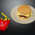 Delicious Cheeseburger With Sesame Bun On White Plate And Red Box Of Fries