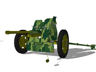 Green Camouflage Military Field Gun Featuring Towed Wheels And Classic Design 3d model