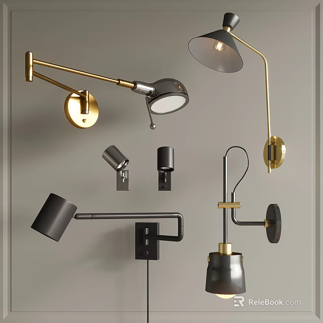 Modern Lighting Fixtures Combination With Gold Black Wall Lamps And Sleek Metal Designs 3d model 