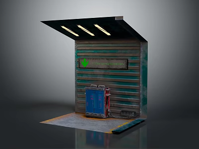 Industrial Style Metal Awning Structure With Blue Container Top Lights And Metal Walls 3d model