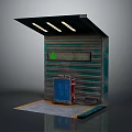 Industrial Style Metal Awning Structure With Blue Container Top Lights And Metal Walls