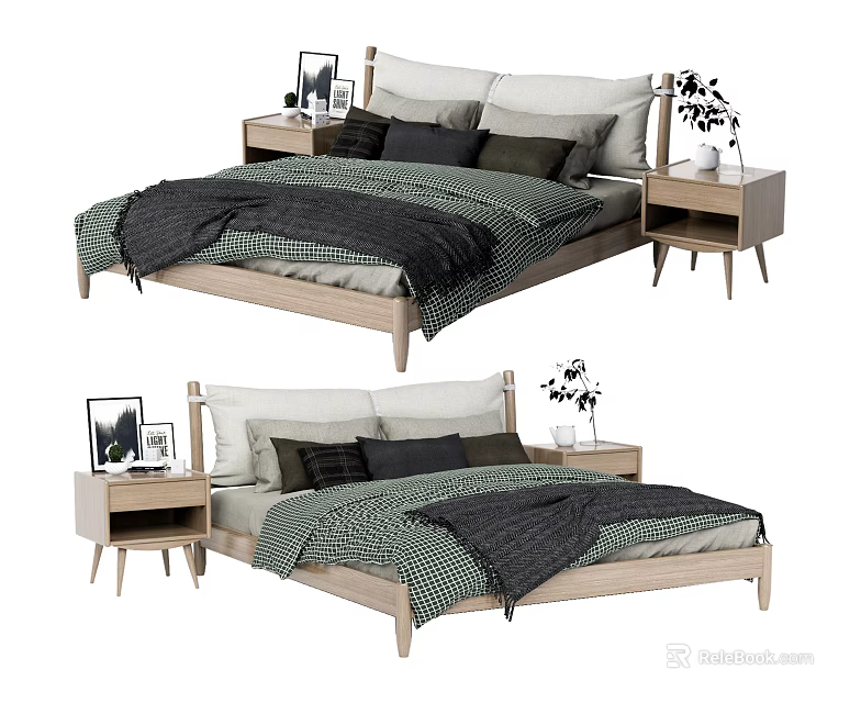 Modern Double Bed With Wooden Frame Bedside Tables And Decorative Items 3d model